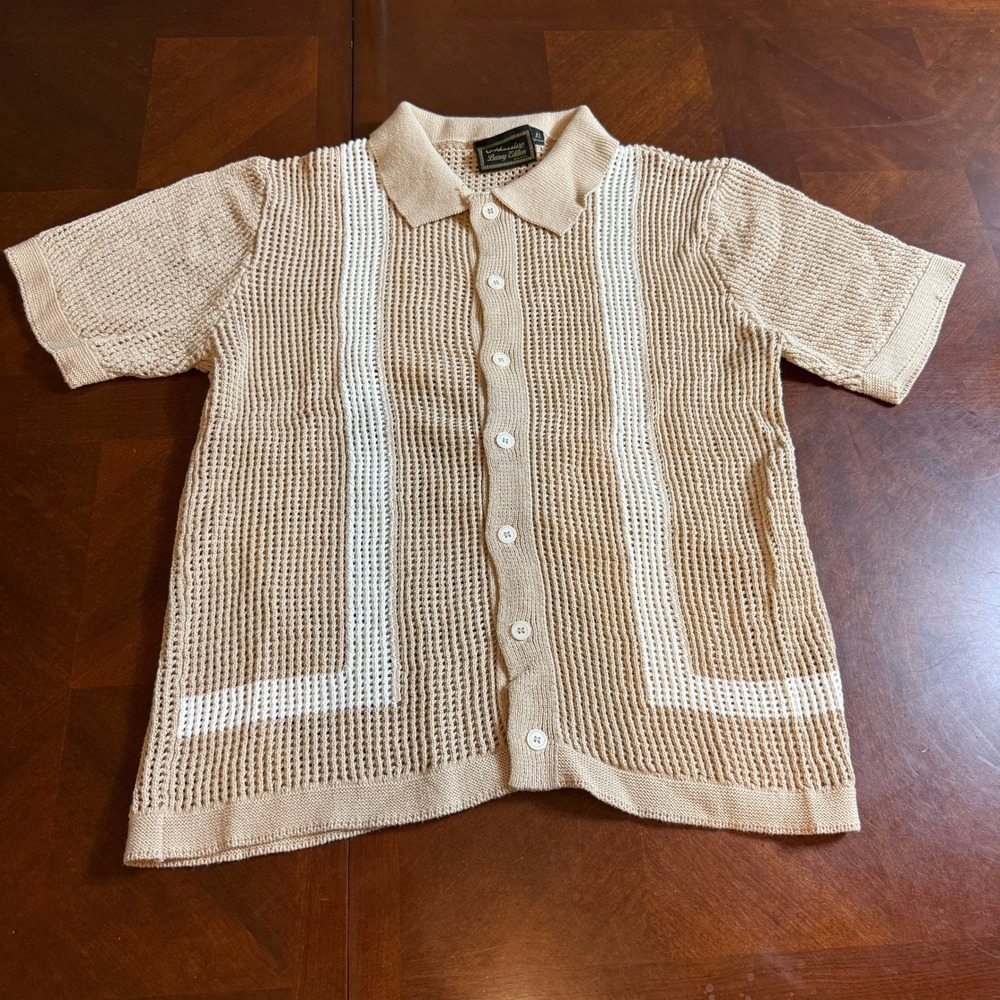 Massive Luxury Edition Mens XL Knit Polo Shirt Tan Crochet Button Down Striped